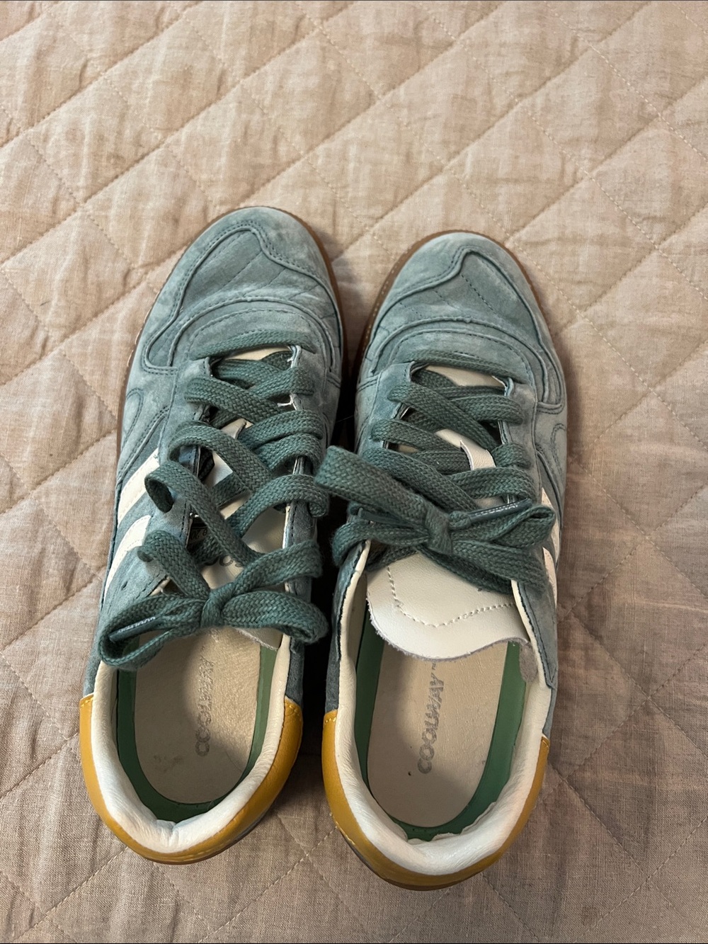 Coolway Teal Green Suede Sneakers with Yellow Heel Accent